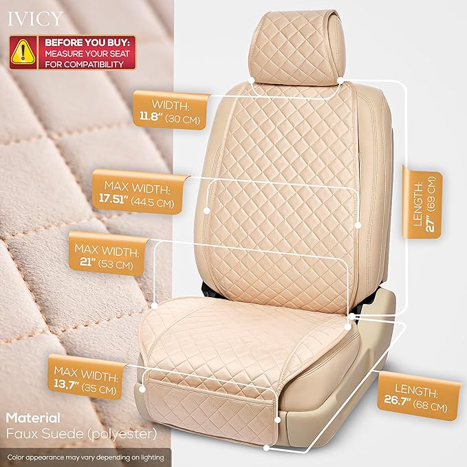 IVICY Faux Suede Front Car Seat Cover – Durable, Non-Slip Seat Protector for Cars – 1 Unit, Light Beige