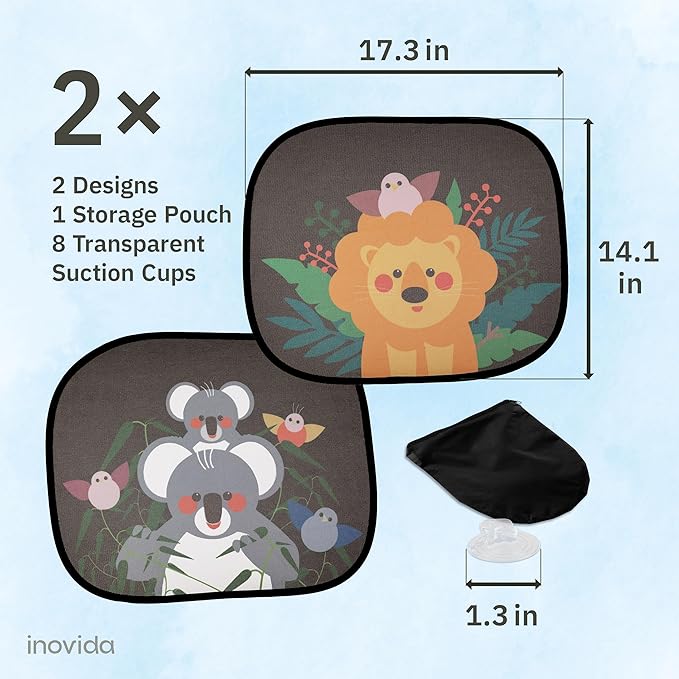 Car Sun Shades for Kids – 2-Pack Baby Window Shades with UV Protection – Cute Animal Design with Suction Cups – 17"x14" Sun Protection for Car Windows – by Inovida