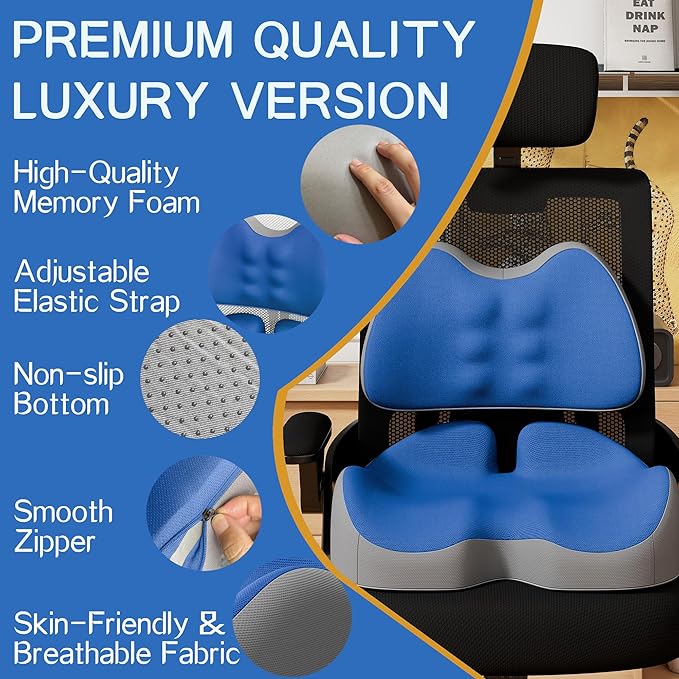 Benazcap Large Memory Foam Seat Cushion Lumbar Support Pillow for Sciatica & Tailbone Pressure Relief Coccyx Pad for Office Chair, Wheelchair, Car, Home, Office, Blue