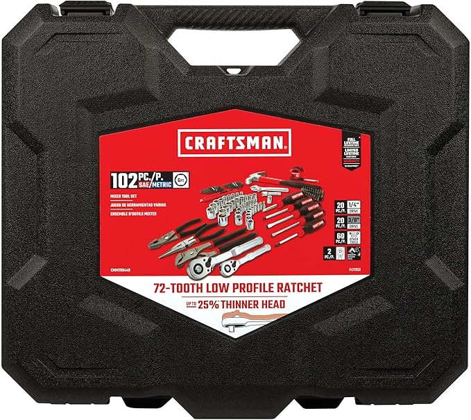 CRAFTSMAN 102-Piece Tool Kit for Home and Car, Durable Hand Tools Set with SAE and Metric Socket Set, Screwdrivers, Wrench, Hammer, Pliers, Knife, Hex Keys, Specialty Bits, Tape Measure (CMMT99449)