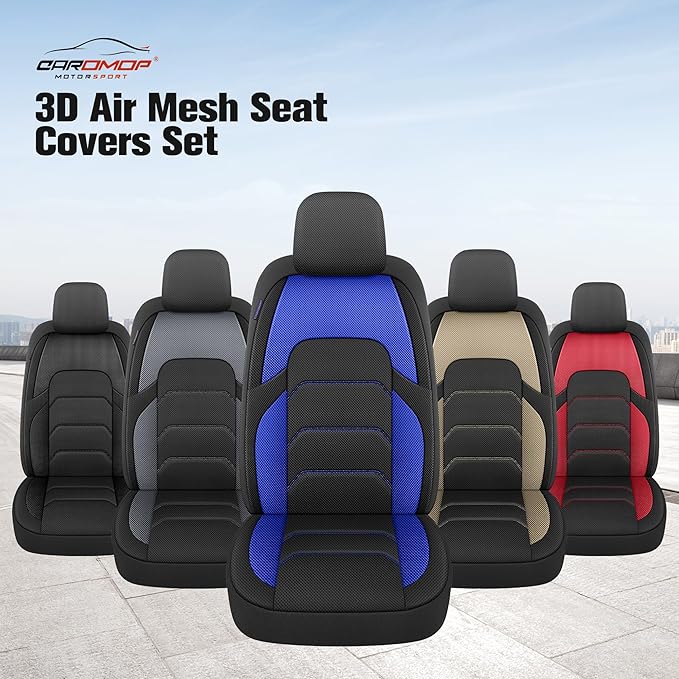 CAROMOP 3D Air Mesh Car Seat Covers Full Set,Breathable and Durable Seat Covers for Cars,Split Bench Compatible,Universal Fit for SUV,Vans,sedans, Trucks, Automotive Interior Covers(5-Seat Black/Blue)