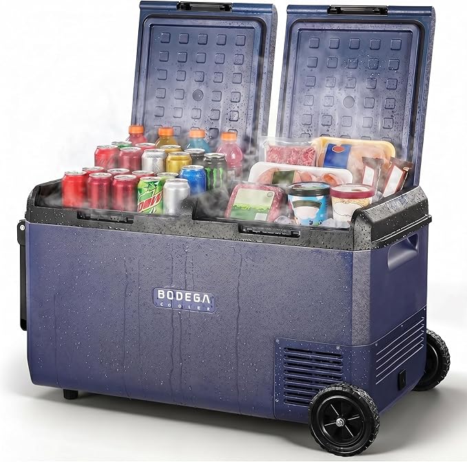 BODEGA COOLER Car Refrigerator Dual Zone,79QT Portable Freezer -4°F to 68°F, 12V Electric Cooler with Wheels & Handle, Ultra-Quiet ≤31dB, Fast Cooling for Camping, RV, Van Life & Road Trips