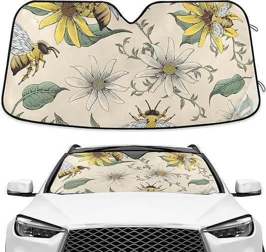 Bee White Daisy Windshield Sun Shade Blocks UV Rays Visor Protector Accordion Folding Sun Reflector Auto Sunshade for Car Truck SUV to Keep Your Vehicle Cool