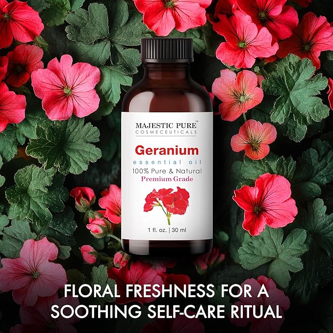 Majestic Pure Essential Oil with Glass Dropper - 100% Pure and Natural - Essential Oils for Diffuser, Aromatherapy, Soap and Candle Making, Geranium Essential Oil, Geranium Oil, 1 Fl Oz