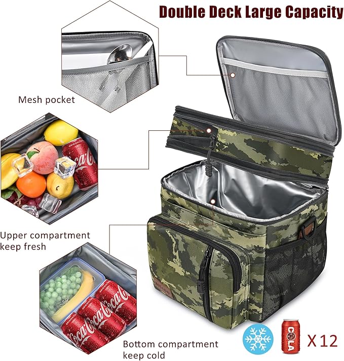 MIYCOO Lunch Bag & Lunch Box for Men Women, Double Deck Leakproof Insulated Soft Large Adult Camping Cooler bag for Work, Beach, Picnic, Travel (Camouflage, 15L)