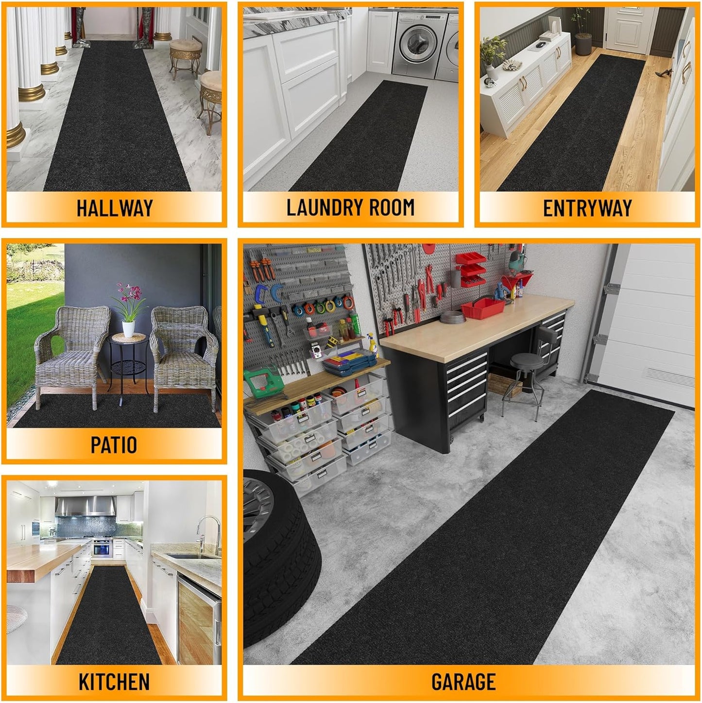 Ottomanson 2' x 19' Hallway Runner with Scraper Pile Extra Durable Non-Slip Rug Mat for Indoor & Outdoor Use - Ideal for Kitchen, Entryway, Patio & Garage - High-Traffic Carpet, Black