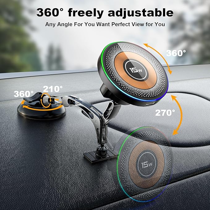 MagSafe Car Mount Charger, 2 in 1 Magnetic Phone Holders for Car, 15W Fast Charging Mag Safe Car Charger Stick on Dashboard Windshield, Car Accessories for iPhone 17/16/15/14/13/12 Series