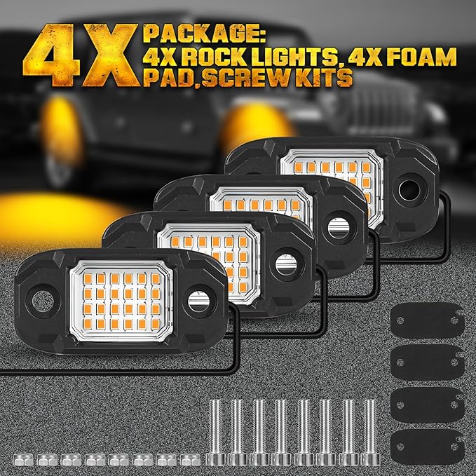 4 Pods Yellow LED Rock Light Waterproof Neon Trail Rig Lamp Underglow Lights for Car Truck Motorcycle SUV ATV UTV (Yellow)