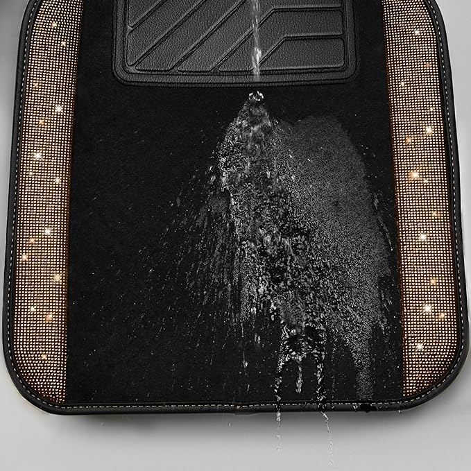 CAR PASS Bling Diamond Car Floor Mats, Shining Rhinestone Carpet Sparkly Glitter Crystal with Anti-Slip PVC Heel Pad Waterproof Universal Fit Automotive SUV,Sedan,Van,Cute Girl Women,4pcs Golden