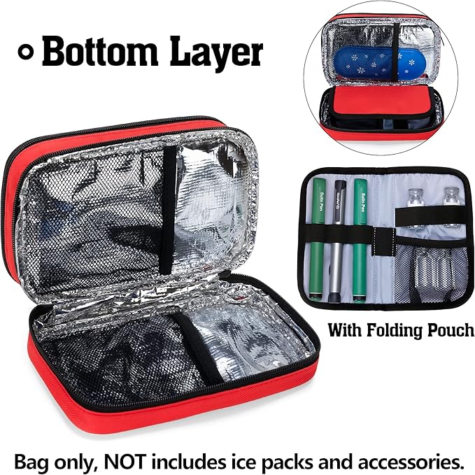 CURMIO Insulated Insulin Cooler Travel Case, Double Layer Diabetic Supplies Storage Bag with Detachable Pouches for Insulin Pens, Diabetic Medication and Ice Packs, Red, Empty Bag Only