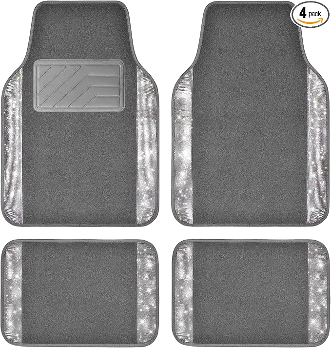 CAR PASS Bling Diamond Car Mats Shining Carpet Crystal Rhinestones Sparkly Glitter Floor Mats with Anti-Slip PVC Heel Pad Universal Fit for Automotive SUV, Sedan, Car, Van, 4pcs for Girl Women, Gray