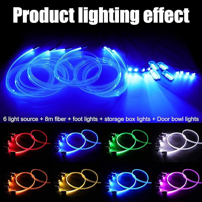 Car Interior Ambient Lighting Optic Fiber RGB 64 Colors Multicoloured Music Car Footwell Lighting Kit with Cigarette Lighter and App Microphone, DC 12V-24V 1W 8m