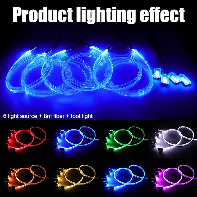 Car Interior Ambient Lighting Optic Fiber RGB 64 Colors Multicoloured Music Car Footwell Lighting Kit with Cigarette Lighter and App Microphone, DC 12V-24V 1W 8m