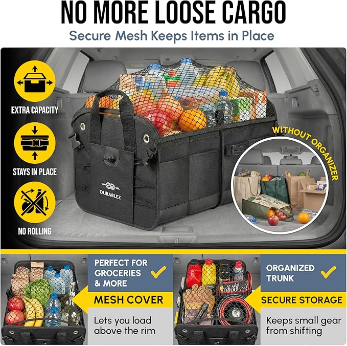 3-Section Car Trunk Organizer XL – Large Modular Auto Storage Bin, Foldable Multi-Compartment Cargo Organizer for Car Trunk, Heavy Duty 1680D Design – Black