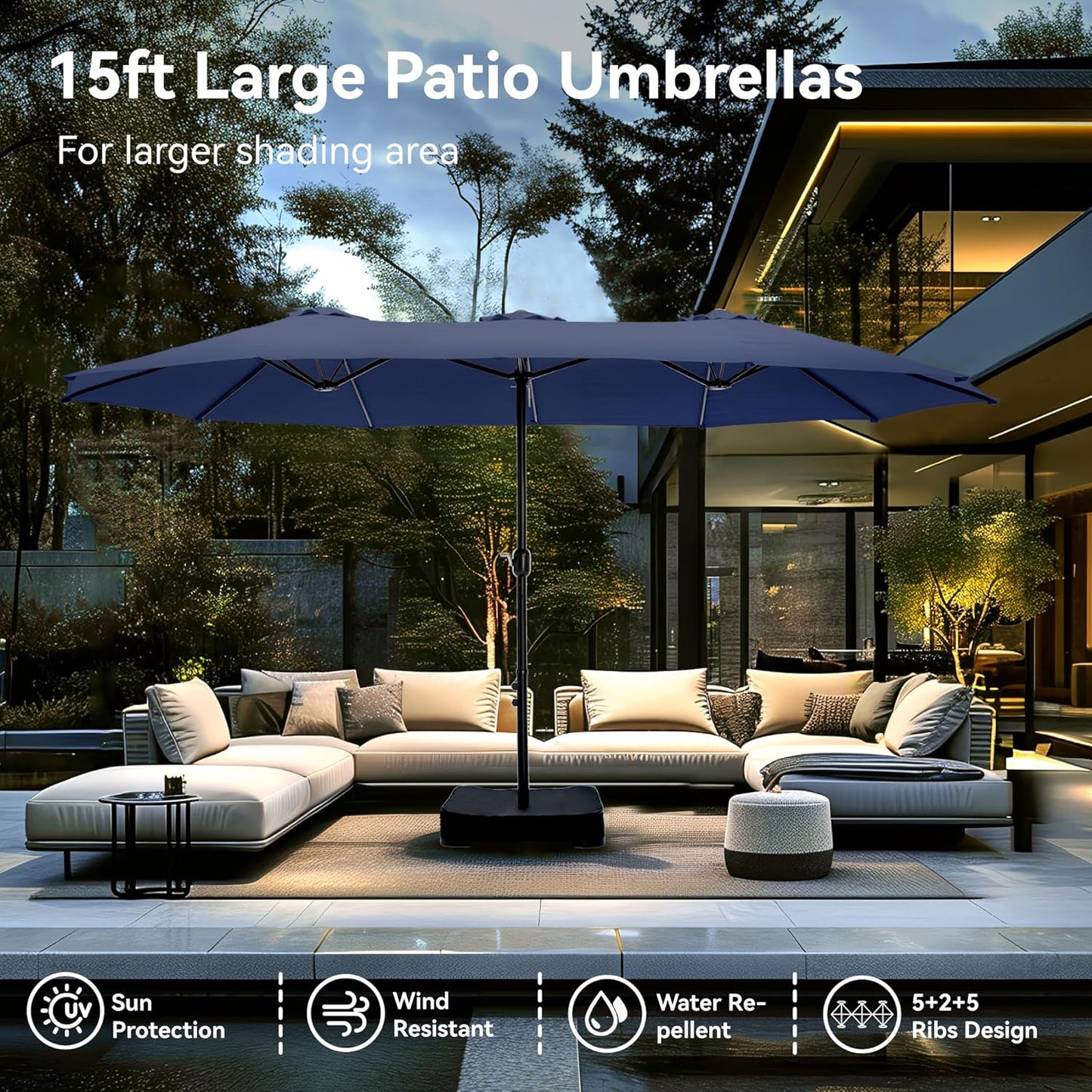 PHI VILLA 15ft Large Patio Umbrellas with Base Included, Outdoor Double-Sided Rectangle Market Umbrella with Crank Handle, for Pool Lawn Garden, Blue