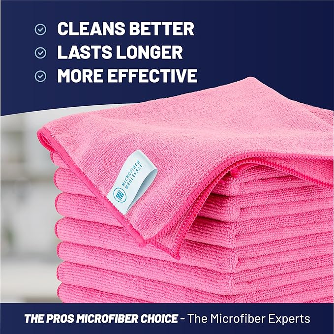 MW Pro Microfiber Cleaning Cloth | Pink | 12 Pack | 16” x 16” | All Purpose Microfiber Towels - Clean, Dust, Polish, Scrub, Absorbent