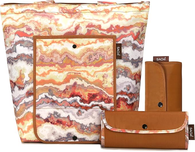 Sachi 3 Piece Market Tote Set – Insulated Therm,an Reusable Grocery Bags for Cold and Hot Foods – Lightweight, Portable and Fold-able (Marble Sunset)