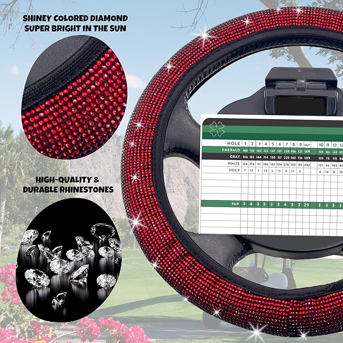 Universal Colorful Bling Crystal Diamond Rhinestones Golf Cart Steering Wheel Cover fits Club Car, Yahama, EZGO, Anti Slip Cover Easy to Install, Great Gifts for Golfer Women Womens (Red Diamond)