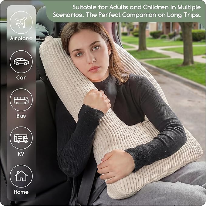 HIGOGOGO Washable Travel Pillow, Car Pillow for Kids & Adults, Travel Pillows with Removable Soft Cover and High-Support Foam, Fix Neck and Body Sitting/Sleeping on The Trip, Beige
