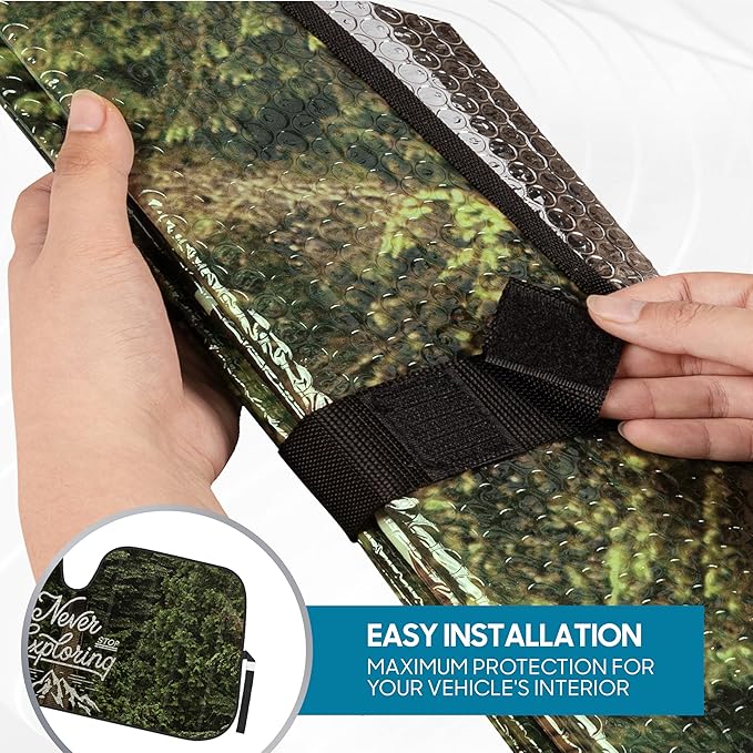 BDK Never Stop Exploring Front Windshield Sunshade Accordion Folding Style Auto Shade for Car Truck SUV Van Blocks UV Rays Sun Visor Protector Easy Setup Keeps Your Vehicle Cool - 58 x 27 inches