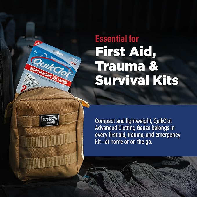 Adventure Medical Kits QuikClot Advanced Clotting Gauze - Stops Bleeding up to 5X Faster Than Standard Gauze - Kaolin Hemostatic Dressing - for First Aid Kits & Survival Gear - 3 x 24 (2 Strips)