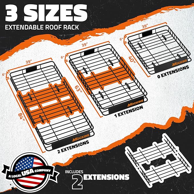 Mockins 84"x39"x6" XL Extendable Roof Rack Cargo Carrier for Top of Vehicle Storage | 250 Lbs Capacity Weatherproof Steel Roof Basket | Heavy Duty Car Rooftop Cargo Carrier Set w/Ratchet Straps & Net