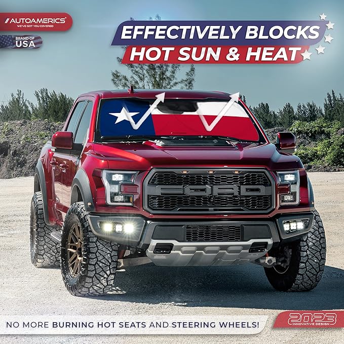 Autoamerics 1-Piece Windshield Sun Shade American Texas Flag USA Patriotic Design - Foldable Car Front Window Sunshade for Sedans SUV Truck - Blocks Max UV Rays and Keeps Your Vehicle Cool - Small