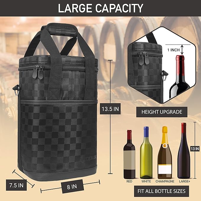 Opux 4 Bottle Insulated Wine Cooler Bag - Leakproof Padded Portable Wine Bottle Carrier for Travel Picnic, BYOB Gift (Black Square)