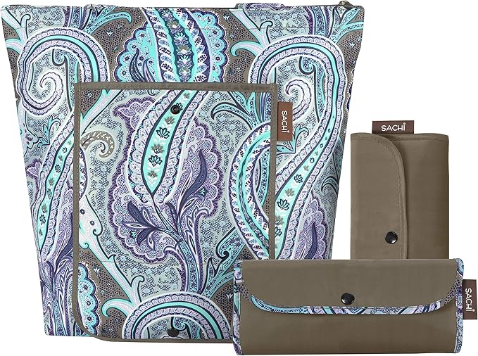 Sachi 3 Piece Market Tote Set Insulated Thermal Reusable Grocery Bags for Cold and Hot Foods Lightweight, Portable and Foldable Brown Damask Paisley