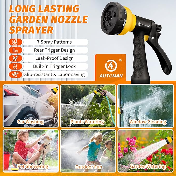 AUTOMAN-Garden-Hose-Nozzle, 2 Pack ABS Water Spray Nozzle with Heavy Duty 7 Adjustable Watering Patterns,Slip Resistant for Watering Plants,Lawn& Garden,Washing Cars,Cleaning,Showering Pets - Yellow