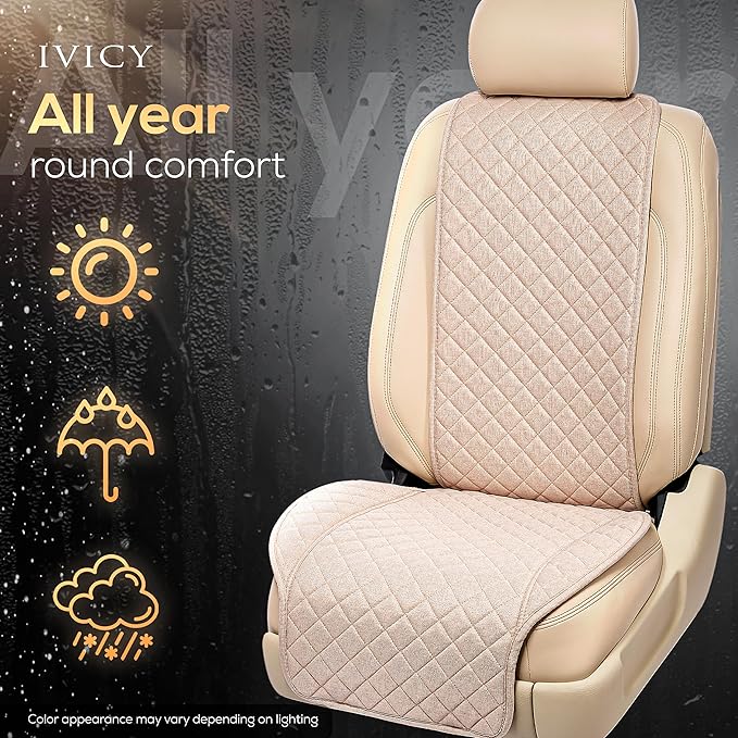 IVICY Faux Linen Front Car Seat Cover – Durable, Non-Slip Seat Protector for Cars – 1 Unit, Light Beige