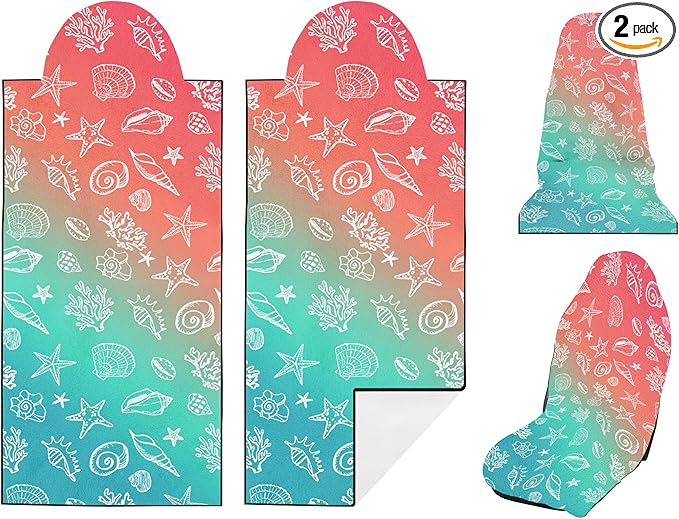 2 Pack Car Seat Towel Covers, Sweat Protector for Front Seats, Premium Thickened Microfiber with Elastic Strap, Breathable & Quick Dry, Machine Washable Cover for Gym Running Universal Fit Seashell