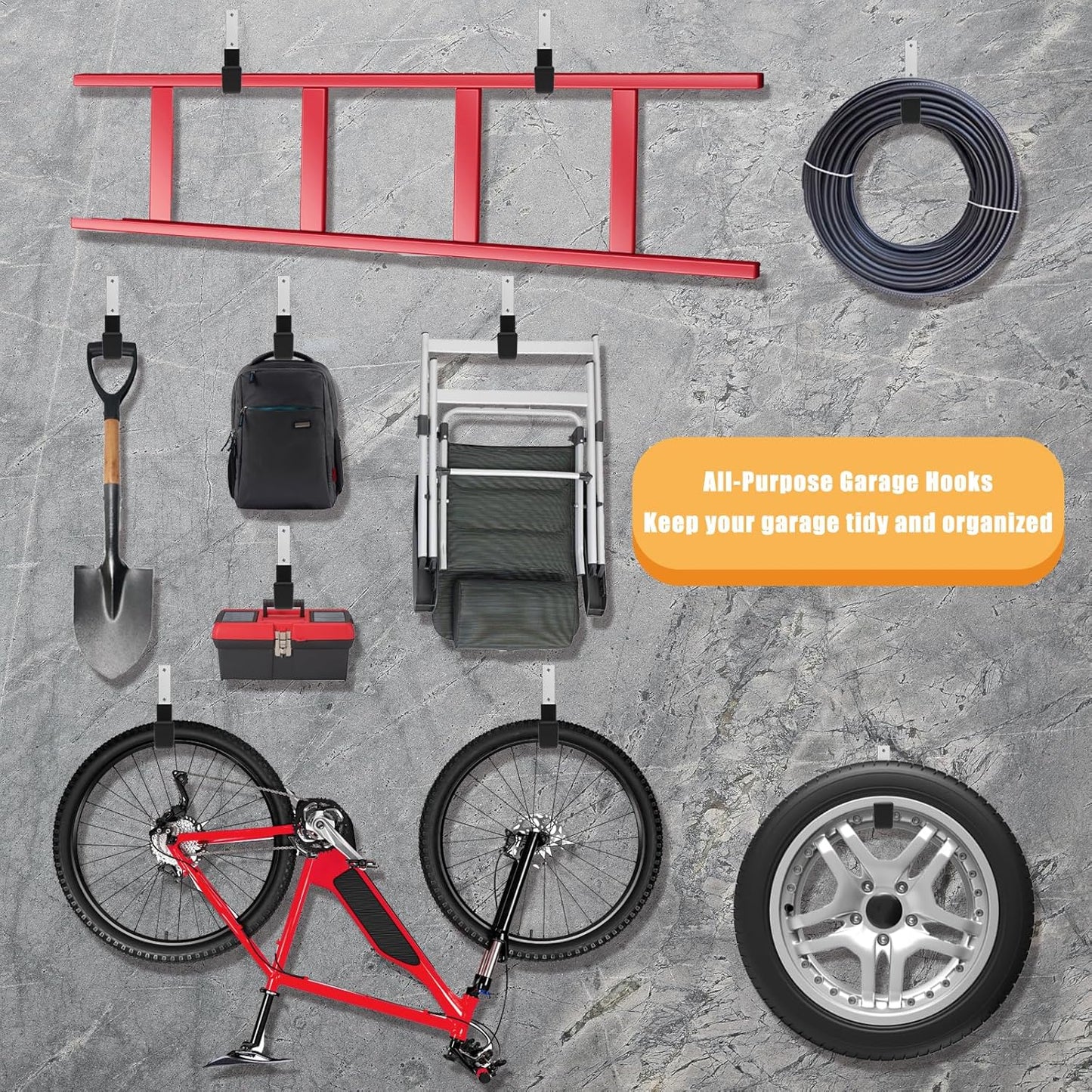 Heavy Duty Utility Hooks - Wall Mount, Hooks for Garage, Hose, Bike, Ladder, Leaf Blower Hanger (6 Medium)