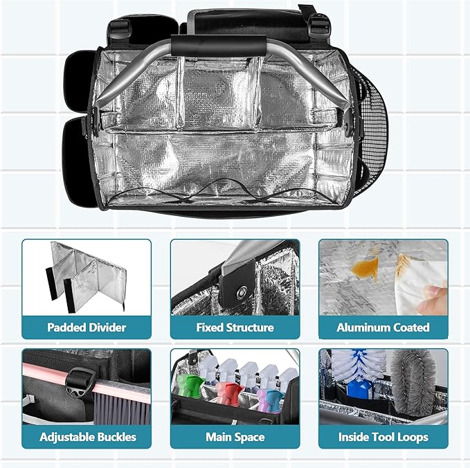 HODRANT Wearable Cleaning Caddy Organizer, Cleaning Supplies Bag with Divider & Support Pad, Cleaner Tote with Handle & Detachable Shoulder Strap, Housekeeping Storage Box with Multi Pockets, Bag Only