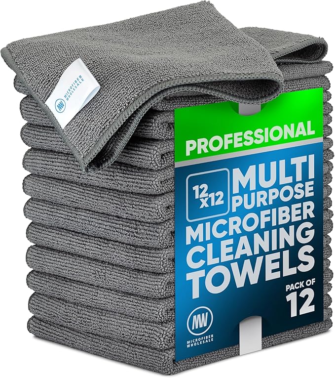 MW PRO Premium Microfiber Cleaning Cloths (12 Pack, 12x12, Grey) - Streak Free Stainless Steel & Glass Towels - Ultra Soft Cleaning Cloths for Screens, Granite & Modern Home - Washable & Reusable