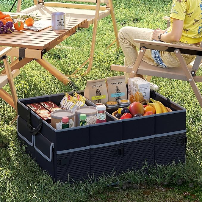 Car Trunk Organizer, 13 Gallon Collapsible Cargo Storage Box with Removable Divider & 6 Pockets, 3-Compatment Trunk Container with Securing Straps & Non-Slip Bottom for SUV, Sedan