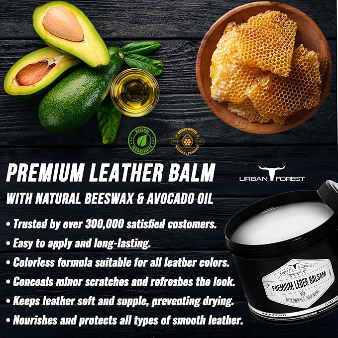 URBAN FOREST Leather Care Conditioner incl. natural Beeswax & Avocado Oil 16.9 fl oz, Heavy Duty Scratch Repair Balm - Preservative for Dry Cracked Furniture, Car Seats, Saddles, Boots Made in Germany