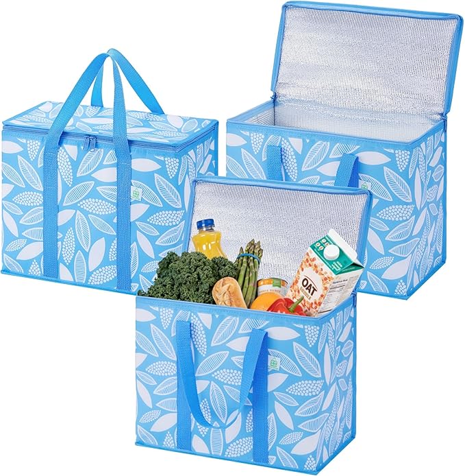 VENO 3 Pack Insulated Cooler Bag, Reusable Grocery Shopping Bag for Food Delivery, Heavy Duty, Large Size, Durable Handles, Double Zippers, Lid, Collapsible (Spring Breeze, 3 Pack)