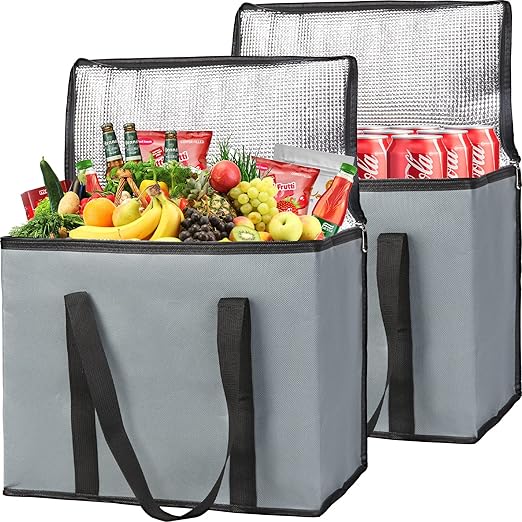 CIVJET Insulated Grocery Shopping Bags, X-Large Food Delivery Bag for Delivery Drivers, Reusable Tote Cooler Bag for Travel, Dark Gray, 2-Pack