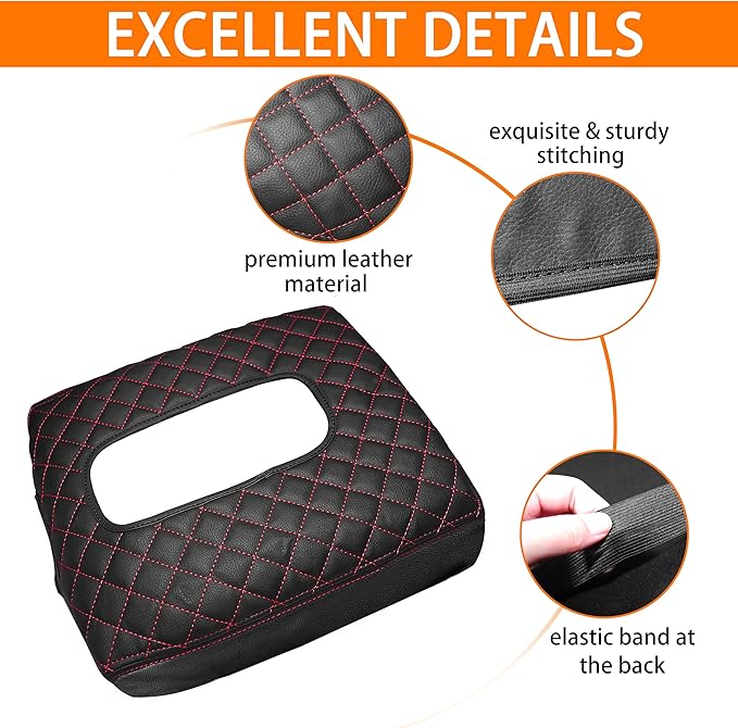 Center Console Cover for Chevy Silverado/GMC Sierra Accessories 2019-2026, Tahoe & Suburban & Yukon 2021-2026 Armrest Cover Middle Console Leather Protector Pad (Bucket Seat Consoles)(Red Stitches)