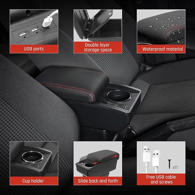 YJYWZH Car Armrest Storage Box for Hyundai Accent Solaris Verna 2017-2020 Double-Layer Car Center Console Armrest Box with 6 USB Ports and Cup Holder for Car Accessories(Red Thread)