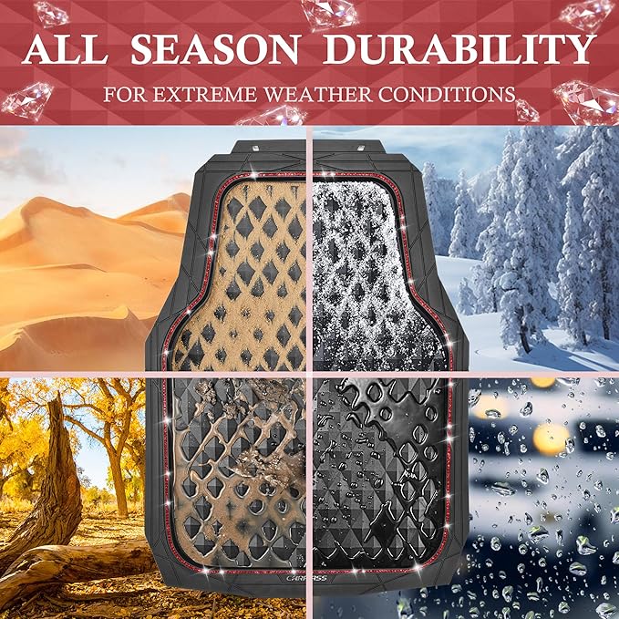 CAR PASS Bling Diamond Rubber Car Mats, Heavy Duty Deep Dish All-Weather Floor Mat Full Set Anti-Slip 3D Rhombus Waterproof Trim to Fit Liner Universal Glitter Sparkly Shining Rhinestone, 3 Pcs Red