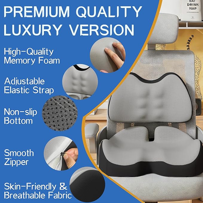 Benazcap Large Memory Foam Seat Cushion Lumbar Support Pillow for Sciatica & Tailbone Pressure Relief Coccyx Pad for Office Chair, Wheelchair, Car, Home, Office, Grey