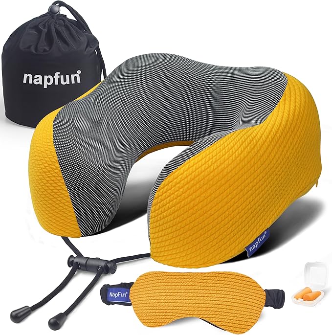 napfun Neck Pillow for Traveling, Upgraded Travel Neck Pillow for Airplane 100% Pure Memory Foam Travel Pillow for Flight Headrest Sleep, Portable Plane Accessories, Yellow Striped Kit