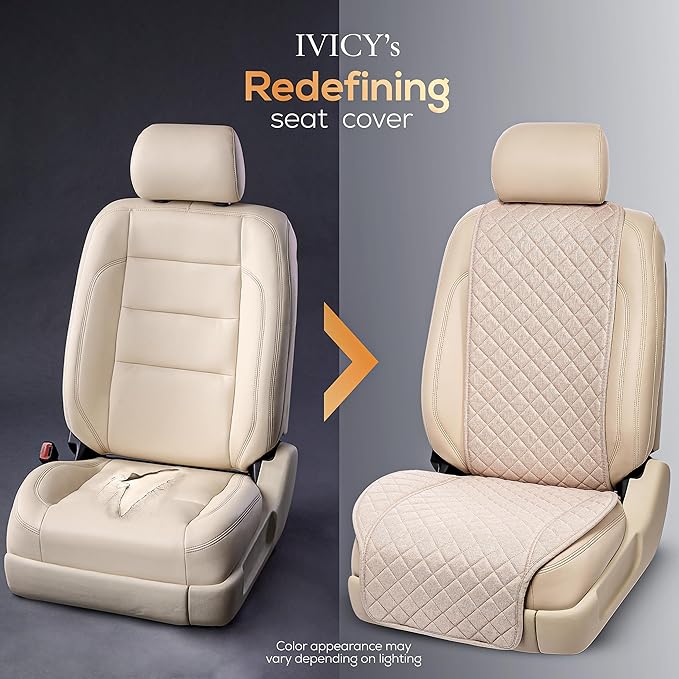 IVICY Faux Linen Front Car Seat Cover – Durable, Non-Slip Seat Protector for Cars – 1 Unit, Light Beige