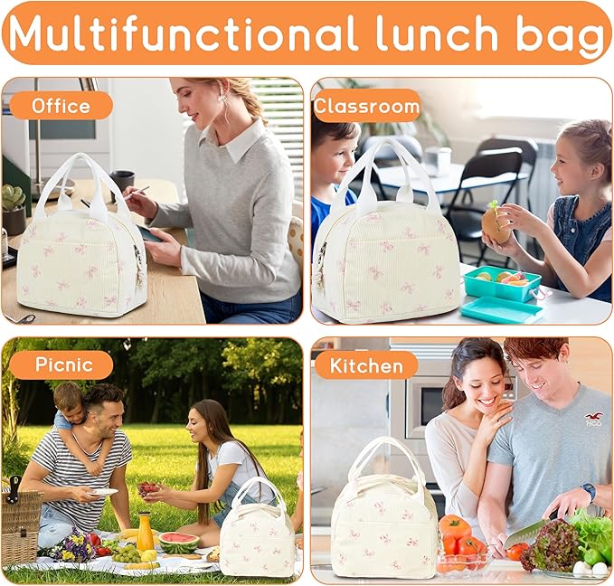Lunch Bag for Women Insulated Lunch Box Cute Corduroy Lunch Tote Bags Reusable Large Capacity Cooler Bag for Travel Work Picnic