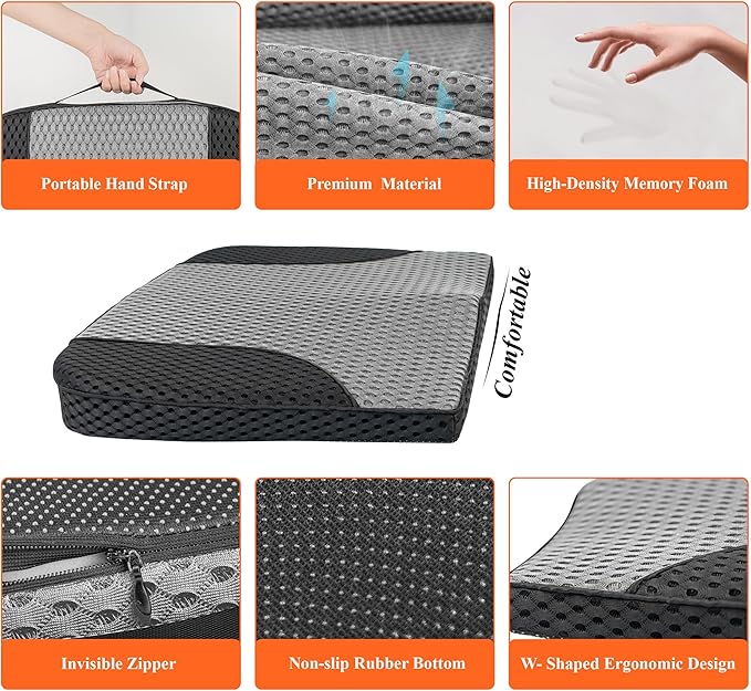 kingphenix Premium Car Seat Cushion, Memory Foam Driver Seat Cushion to Improve Driving View- Coccyx & Lower Back Pain Relief - Seat Cushion for Car, Truck, Office Chair (4D Mesh Gray & Black)