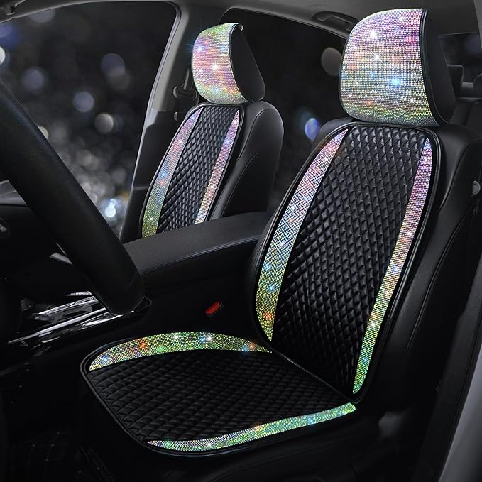 Bling Crystal Diamond Sparkly Glitter Car Seat Cover Premium PU Front Seat Protector Pad Works with 95% of Vehicles Bling Bling Rhinestones Auto Interior Accessories for Women Color 2Seats