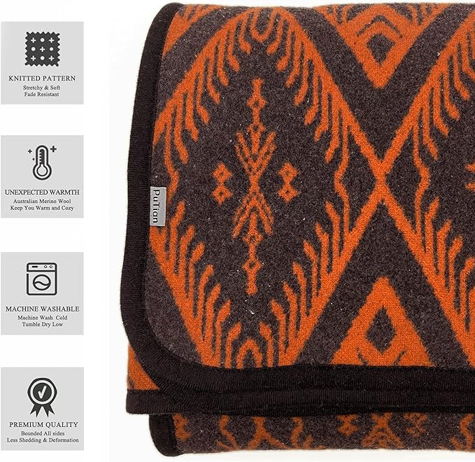 PuTian Merino Wool Blanket - 63" x 51" Bohemia Orange Great for Camping, Outdoors, Sporting Events, Survival & Emergency Kits -Super Soft Wool Blanket