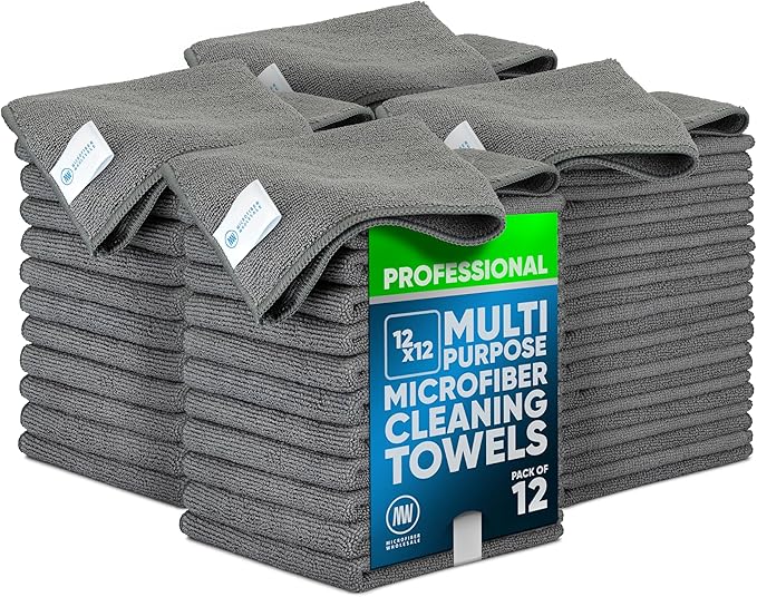 12" x 12" MW Pro Multi-Surface Microfiber Cleaning Cloths | Gray - 48 Pack | Premium Microfiber Towels for Cleaning Glass, Kitchens, Bathrooms, Automotive, Supplies & Products